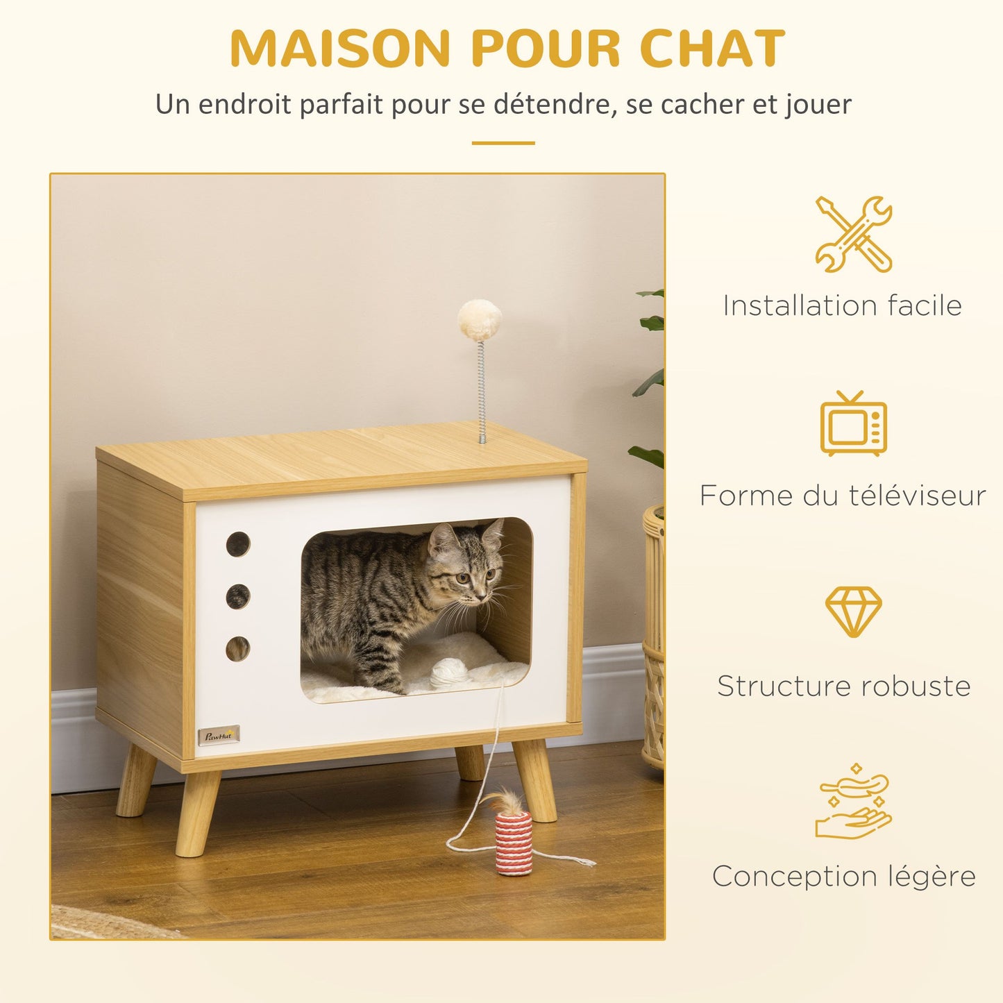 Maison pour Chat Forme TV avec Coussin Douillet et Balle Suspendue