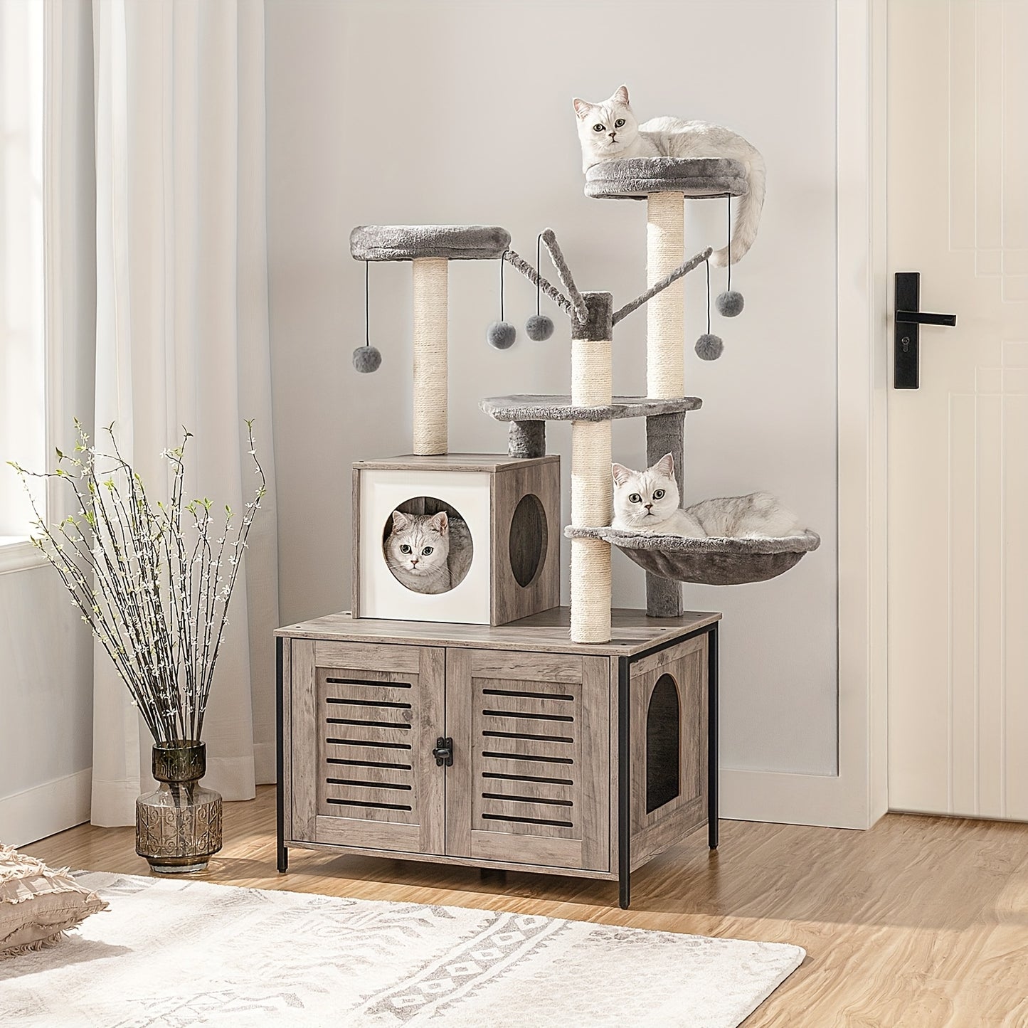 Arbre à Chat Tout-en-Un avec Meuble Litière Intégré – Marron Vintage & Gris