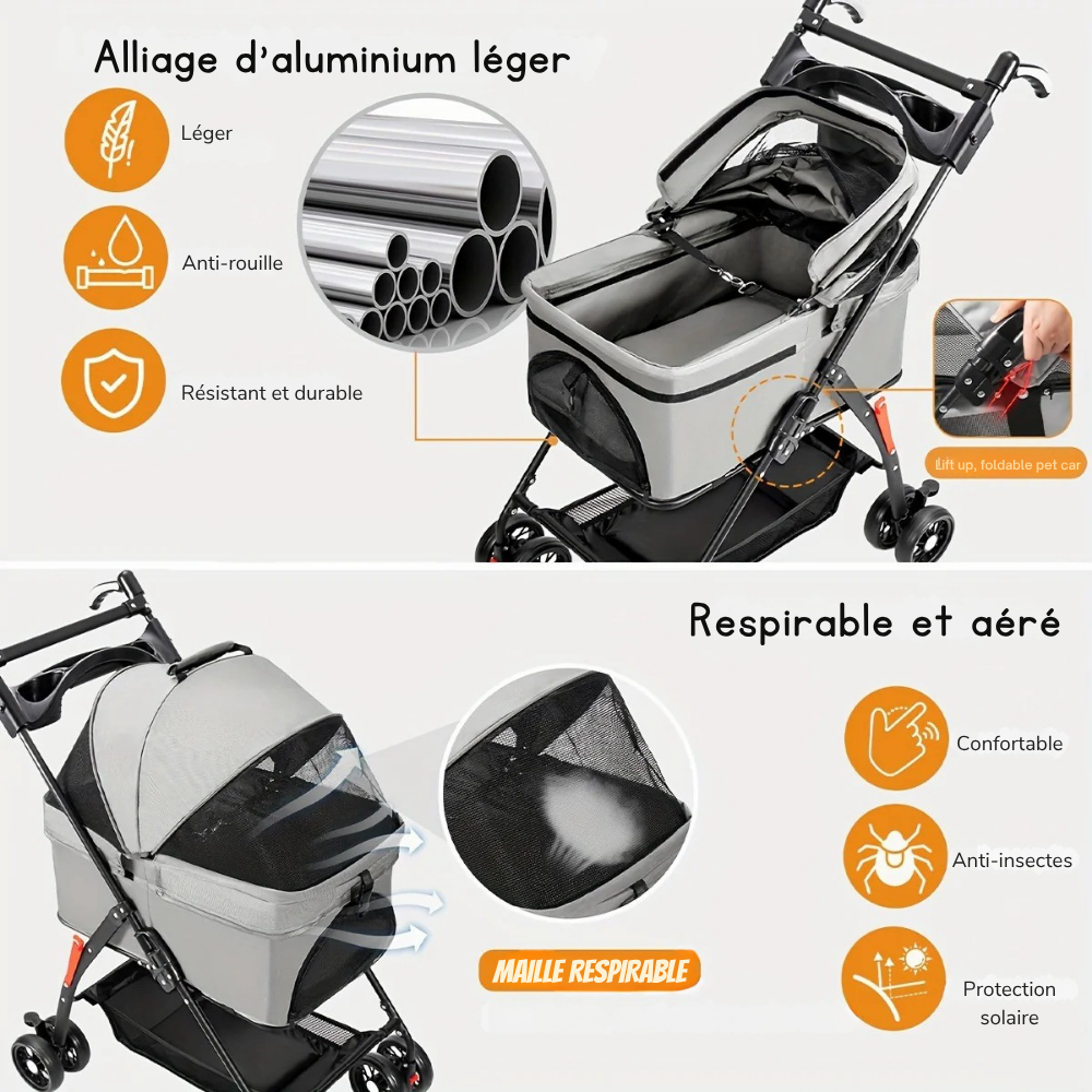 Poussette Pliable avec Panier Détachable pour Animaux