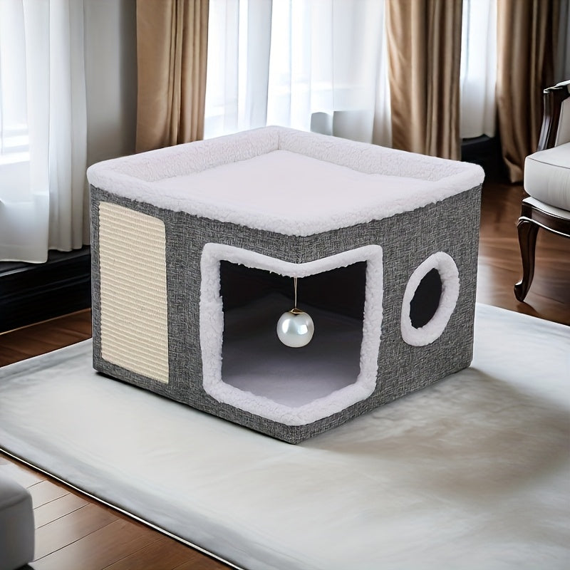 Maison Cube Multifonction pour Chats avec Aire de Jeu