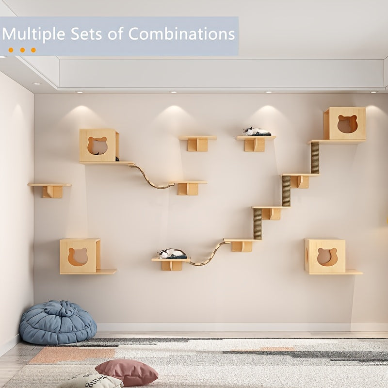 Ensemble Mural pour Chat avec Maison, Étagères, Griffoir et Pont en Bois