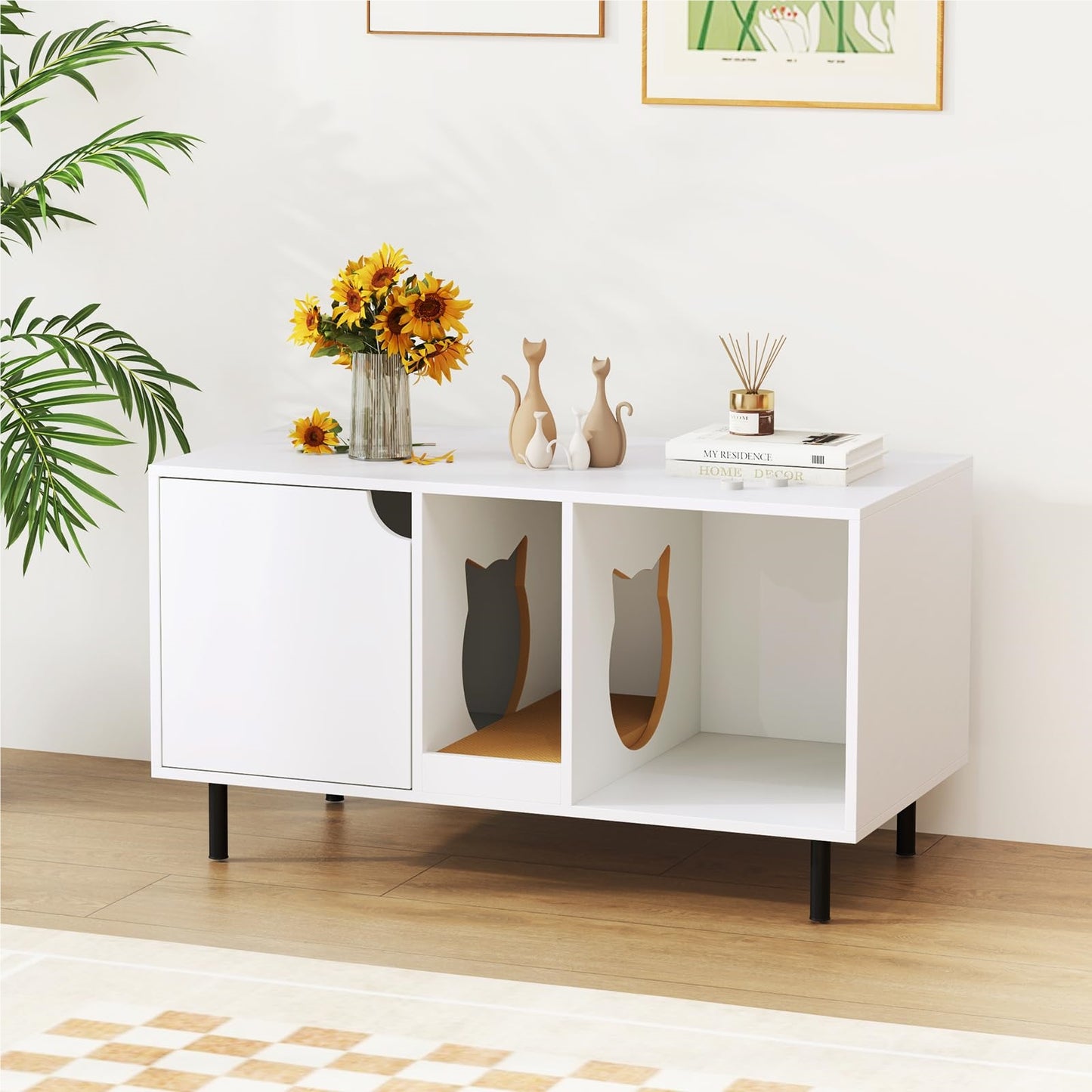 Meuble pour Chat avec Litière Cachée et Griffoir – Blanc 100 cm