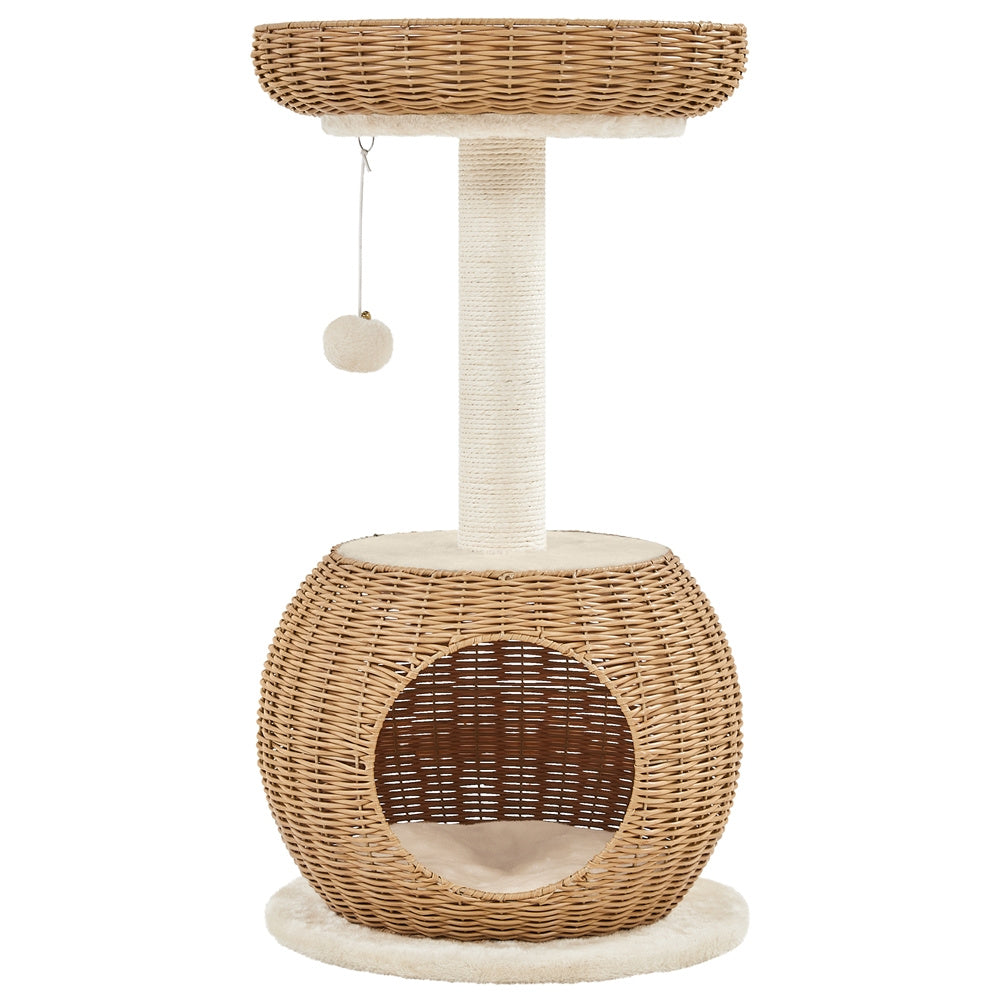 Arbre à Chat en Rotin avec Niche Ronde et Panier Supérieur