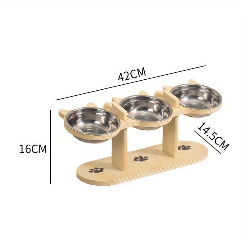 Station d’Alimentation Élevée Triple pour Chats – Bois & Inox