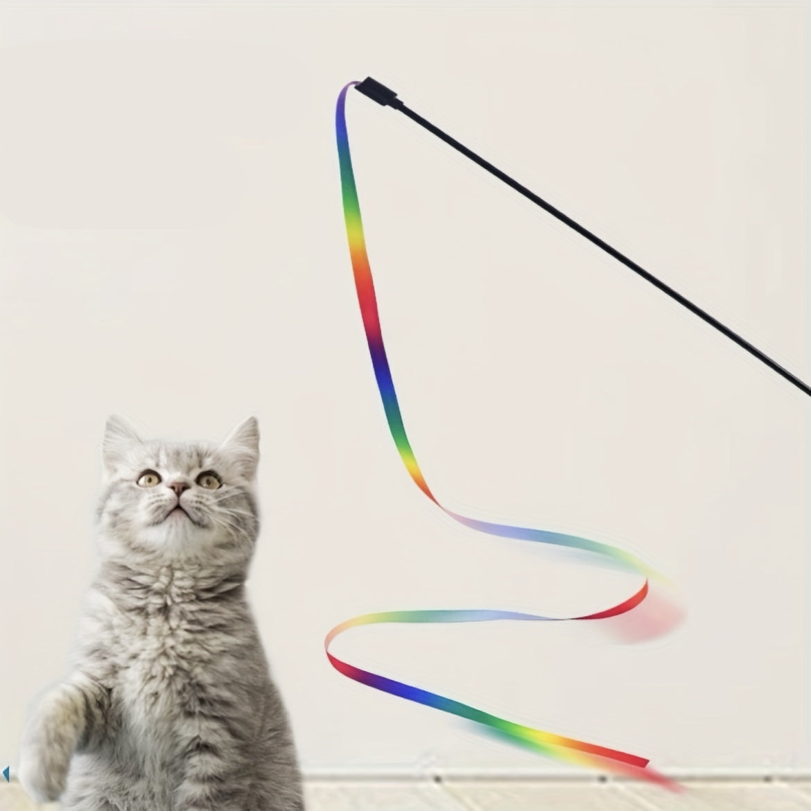 Baguette Arc-en-Ciel avec Ruban pour Chat – Jouet Interactif Sans Piles