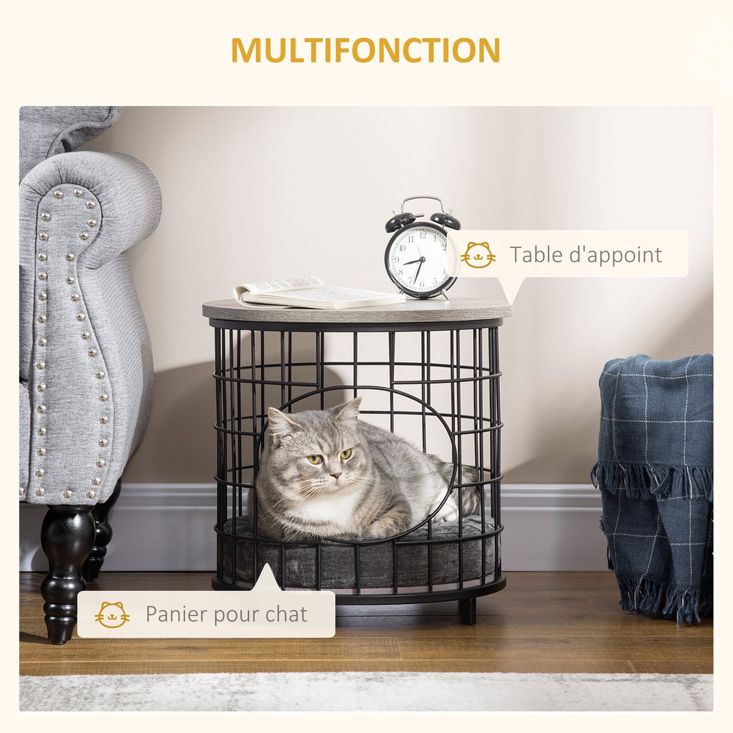 Panier et Table d’Appoint 2-en-1 pour Chats Style Contemporain