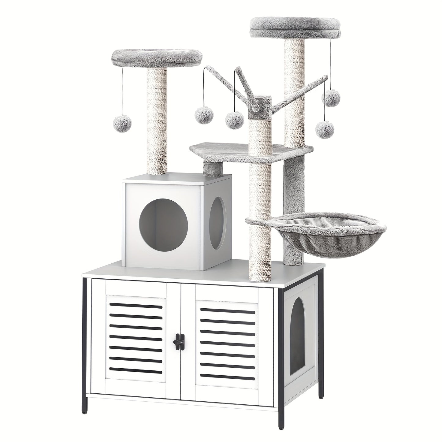 Arbre à Chat Tout-en-Un avec Meuble Litière Intégré – Marron Vintage & Gris