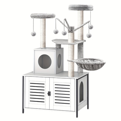 Arbre à Chat Tout-en-Un avec Meuble Litière Intégré – Marron Vintage & Gris