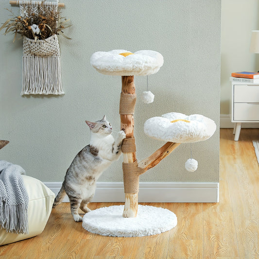 Arbre à Chat Fleur en Bois Massif avec Perchoirs et Jouets Suspendus