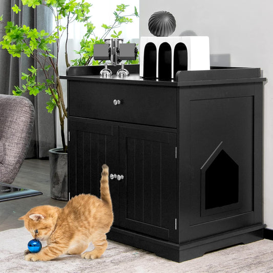 Meuble Cache-Litière XXL avec Tiroir et Portes – Noir