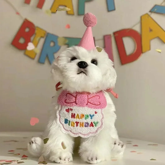 Set Anniversaire Chien & Chat – Bandana “Happy Birthday” et Chapeau Rose