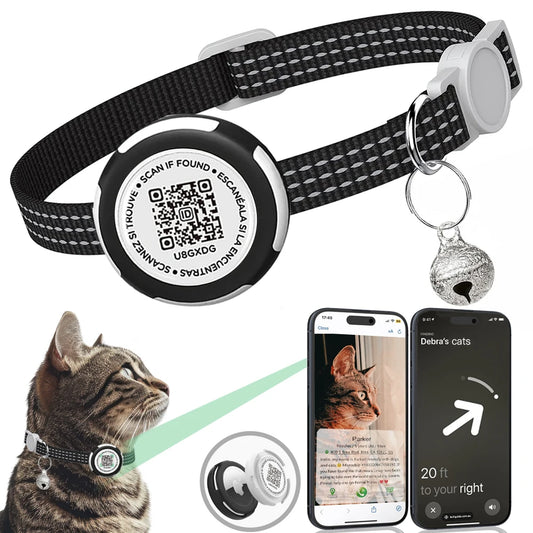 Collier Réfléchissant pour Chat avec Étui pour Airtag et Médaillon QR