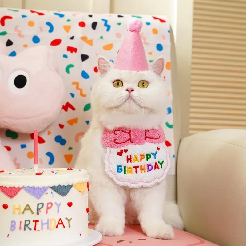 Set Anniversaire Chien & Chat – Bandana “Happy Birthday” et Chapeau Rose