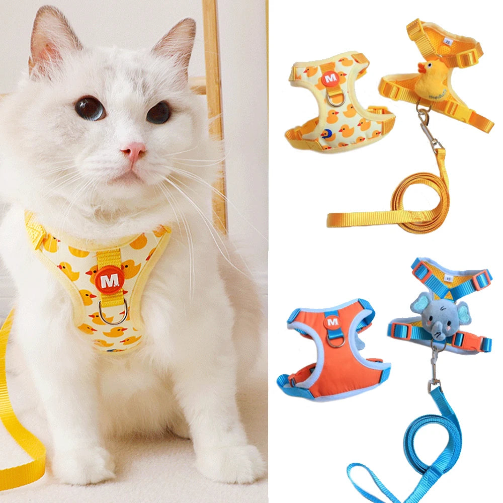 Harnais et Laisse Antifuite Motif Canard ou Éléphant pour Chats et Petits Chiens