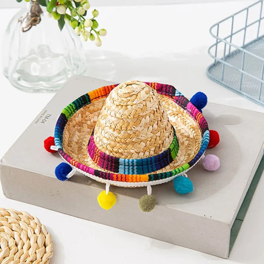 Sombrero Mexicain pour Chat – Chapeau de Paille Coloré à Pompons