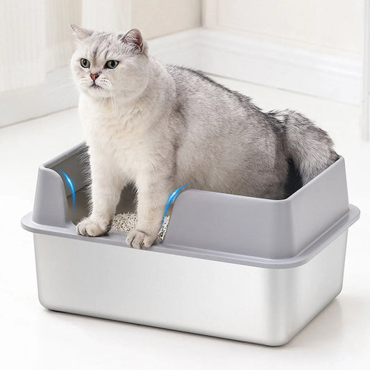 Litière pour chat en acier inoxydable avec rebords hauts