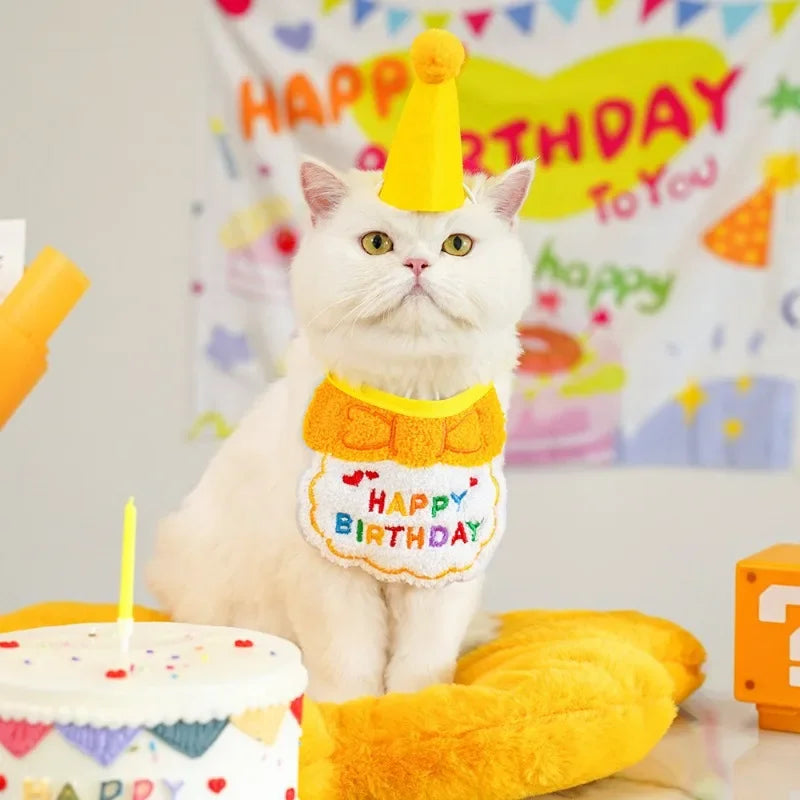 Set Anniversaire Chien & Chat – Bandana “Happy Birthday” et Chapeau Rose