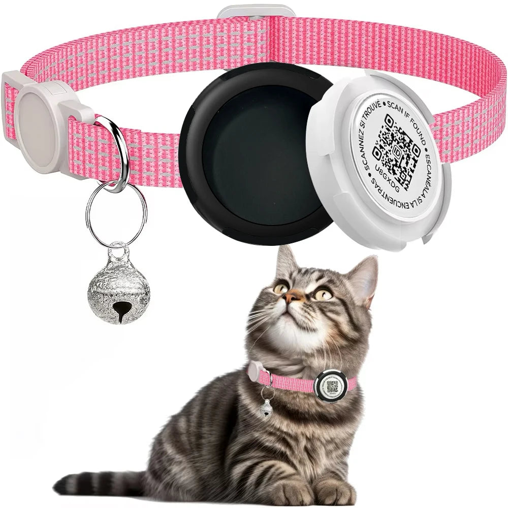 Collier Réfléchissant pour Chat avec Étui pour Airtag et Médaillon QR