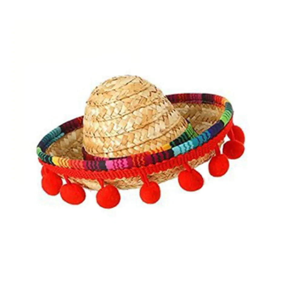 Sombrero Mexicain pour Chat – Chapeau de Paille Coloré à Pompons