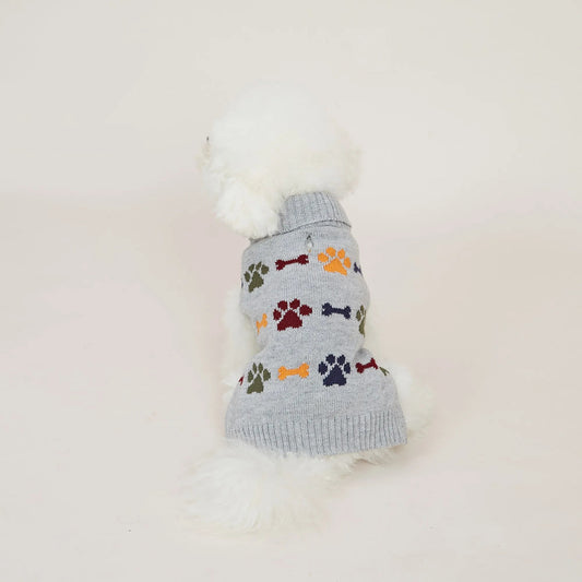Pull Chien Motif Pattes et Os avec Trou pour Laisse