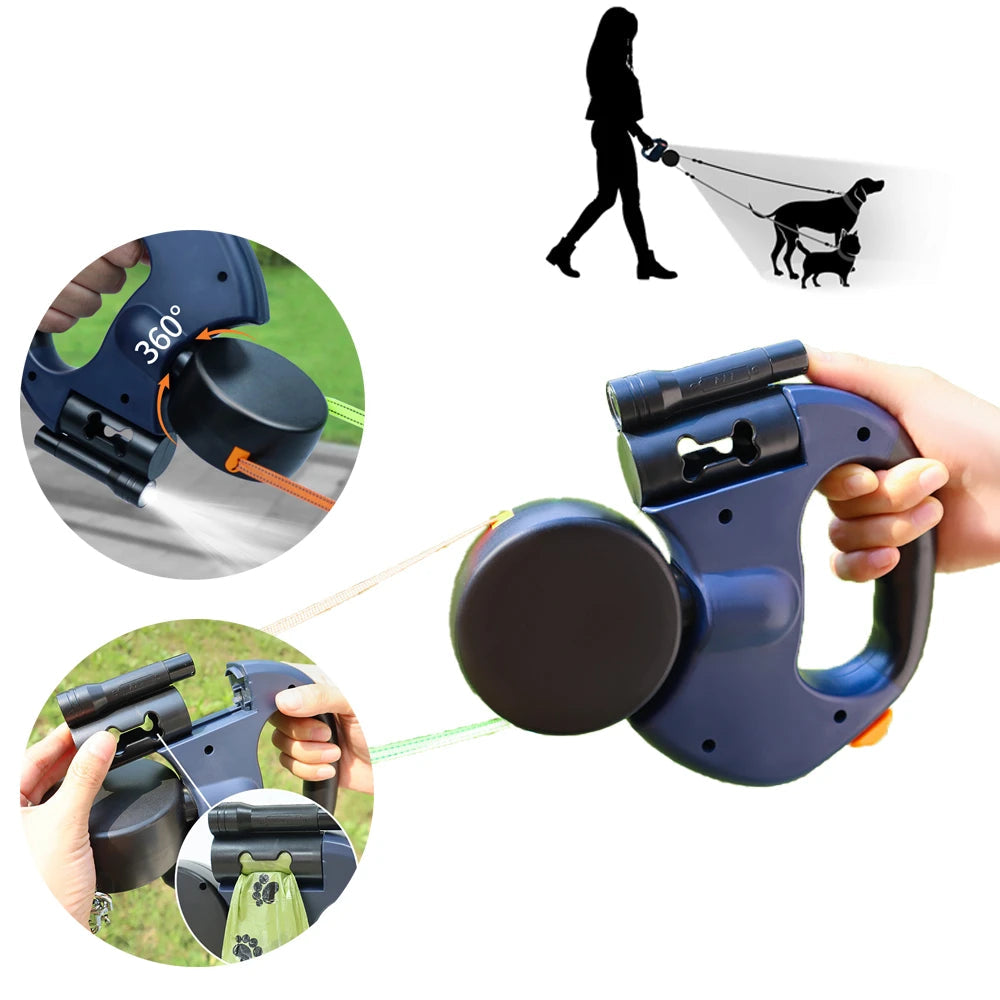 Double Laisse Enrouleur Retractable avec Lanterne pour Chien