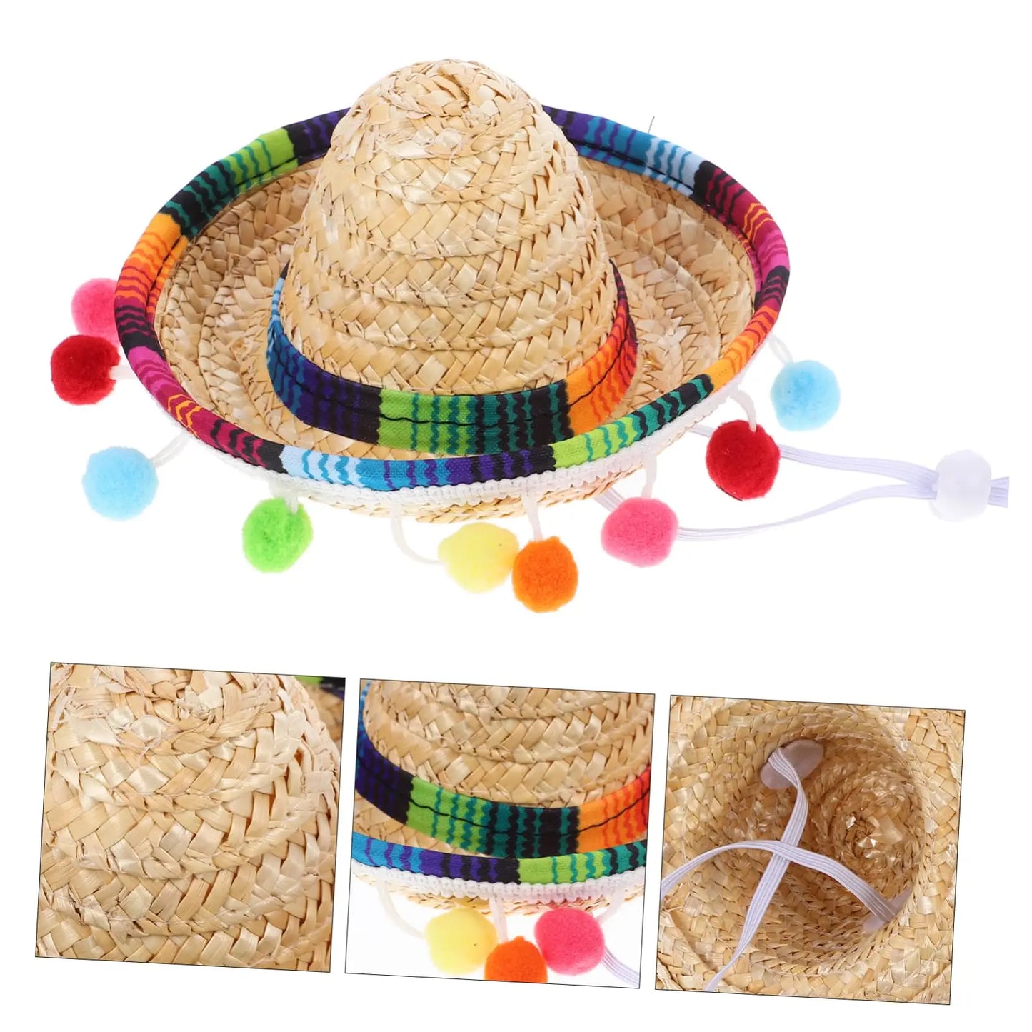 Sombrero Mexicain pour Chat – Chapeau de Paille Coloré à Pompons