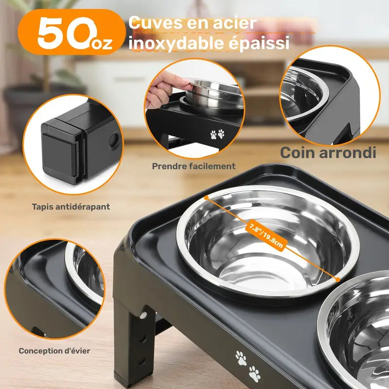 Gamelle surélevée ajustable avec double bol inox pour chien