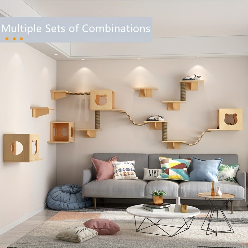 Ensemble Mural pour Chat avec Maison, Étagères, Griffoir et Pont en Bois