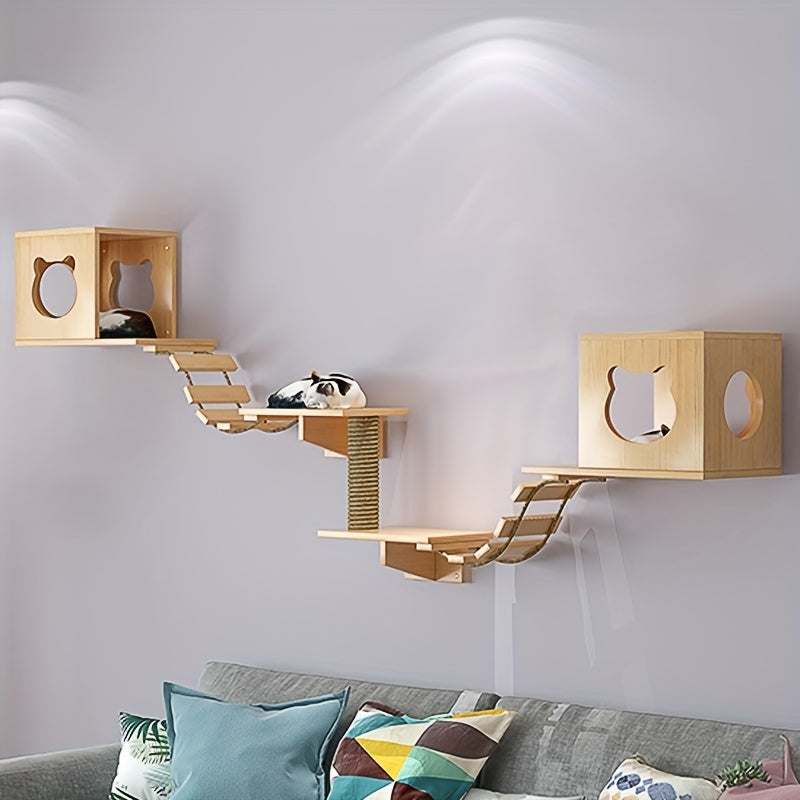 Ensemble Mural pour Chat avec Maison, Étagères, Griffoir et Pont en Bois