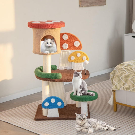 Arbre à Chat en Forme de Champignon 4 en 1 avec Niche et Poteau à Griffer en Sisal