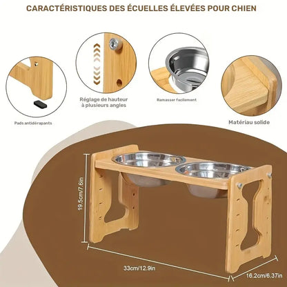 Gamelle surélevée réglable en bambou pour chien & chat