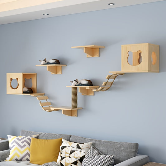 Ensemble Mural pour Chat avec Maison, Étagères, Griffoir et Pont en Bois