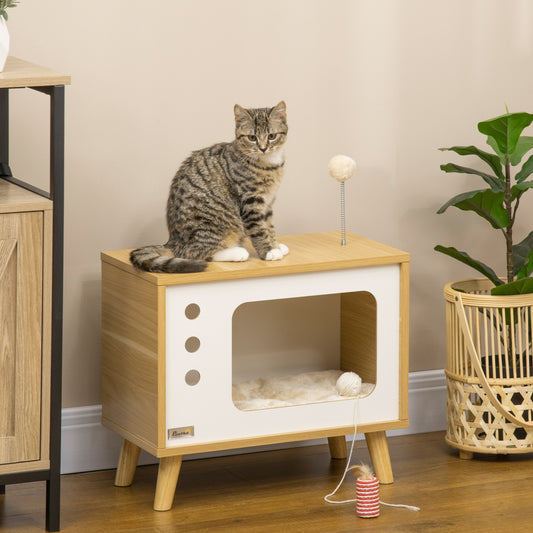 Maison pour Chat Forme TV avec Coussin Douillet et Balle Suspendue