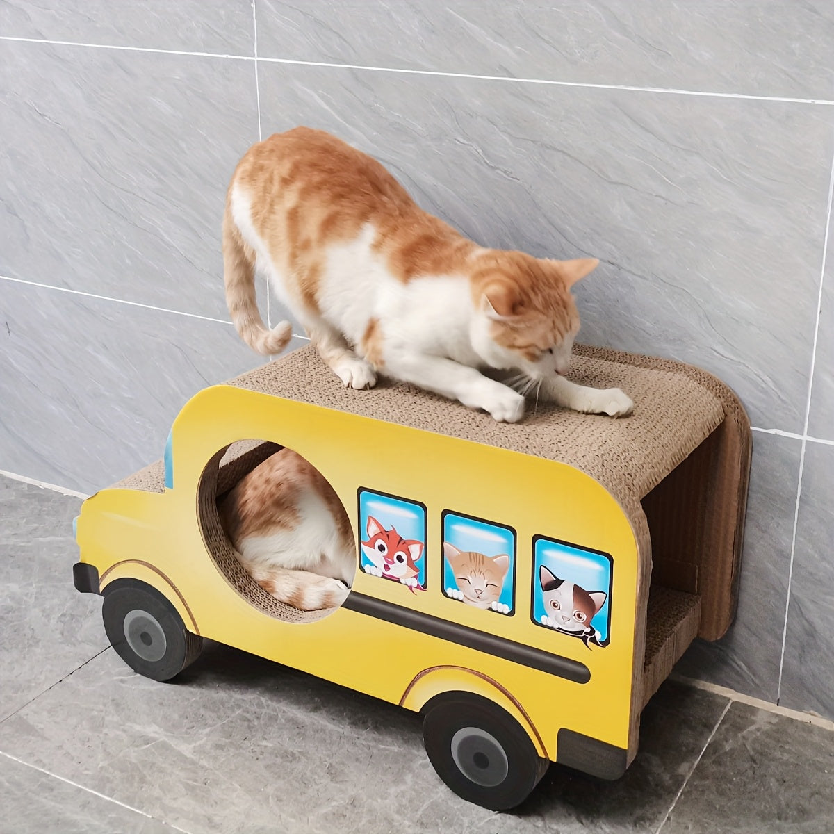Bus Scolaire en Carton avec Griffoir pour Chat
