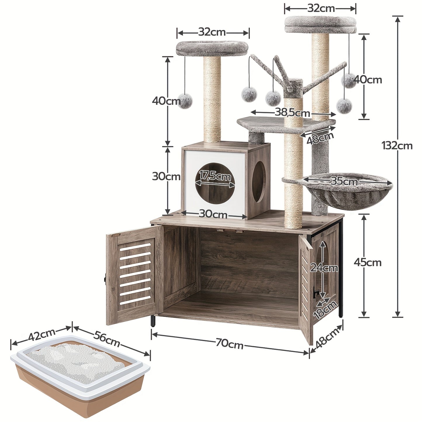 Arbre à Chat Tout-en-Un avec Meuble Litière Intégré – Marron Vintage & Gris