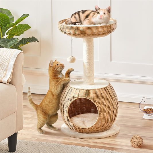 Arbre à Chat en Rotin avec Niche Ronde et Panier Supérieur