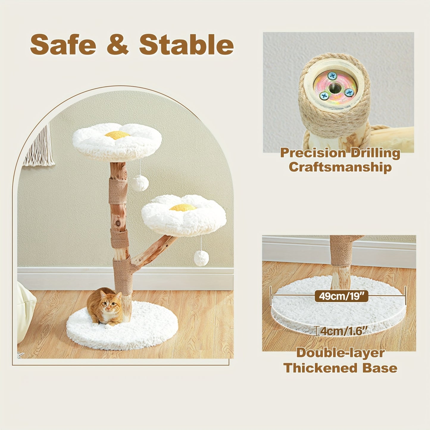 Arbre à Chat Fleur en Bois Massif avec Perchoirs et Jouets Suspendus