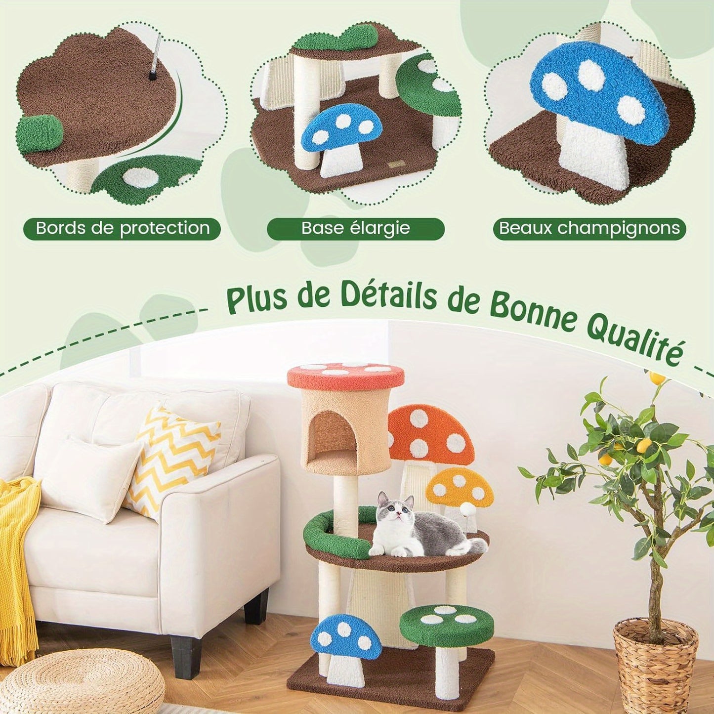 Arbre à Chat en Forme de Champignon 4 en 1 avec Niche et Poteau à Griffer en Sisal