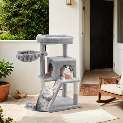 Arbre à Chat Compact Multi-Niveaux avec Perchoir et Hamac