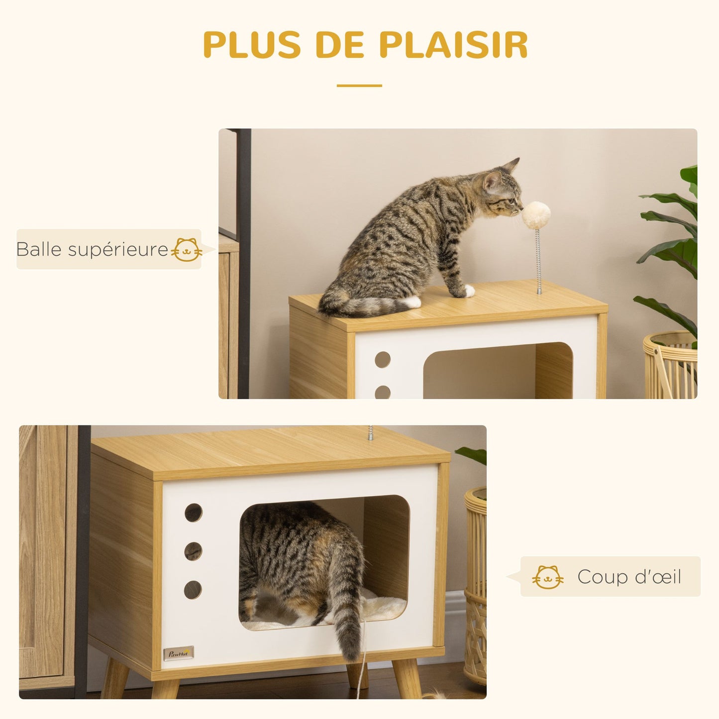 Maison pour Chat Forme TV avec Coussin Douillet et Balle Suspendue