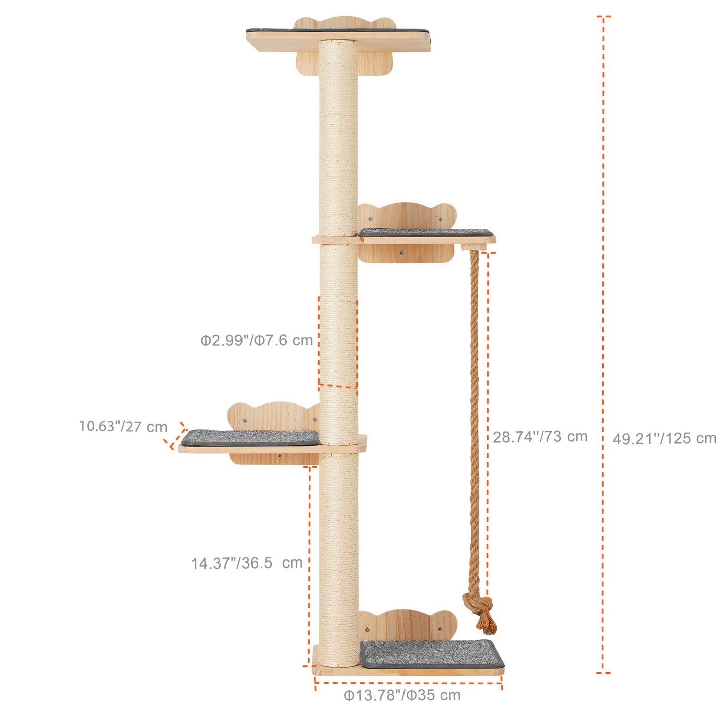 Arbre à Chat Mural 4 Niveaux en Bois avec Plateformes et Corde