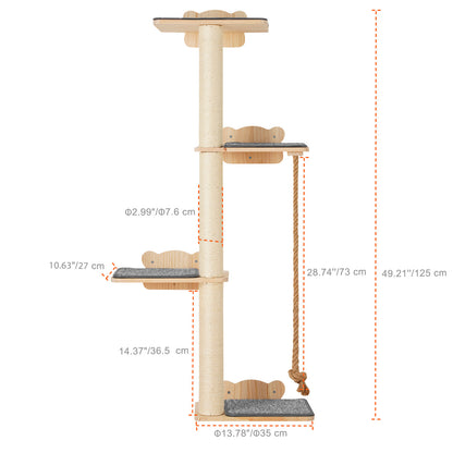 Arbre à Chat Mural 4 Niveaux en Bois avec Plateformes et Corde