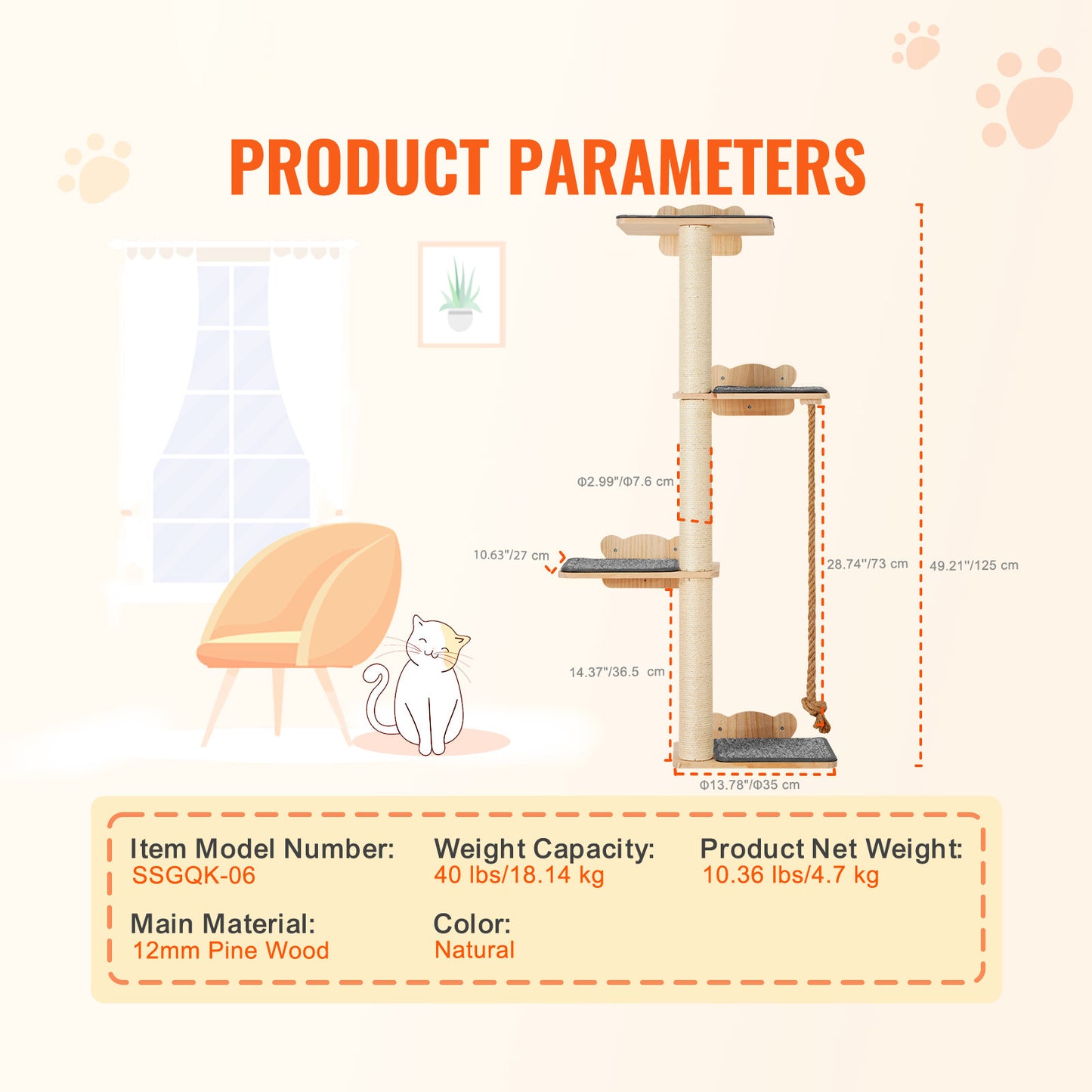 Arbre à Chat Mural 4 Niveaux en Bois avec Plateformes et Corde