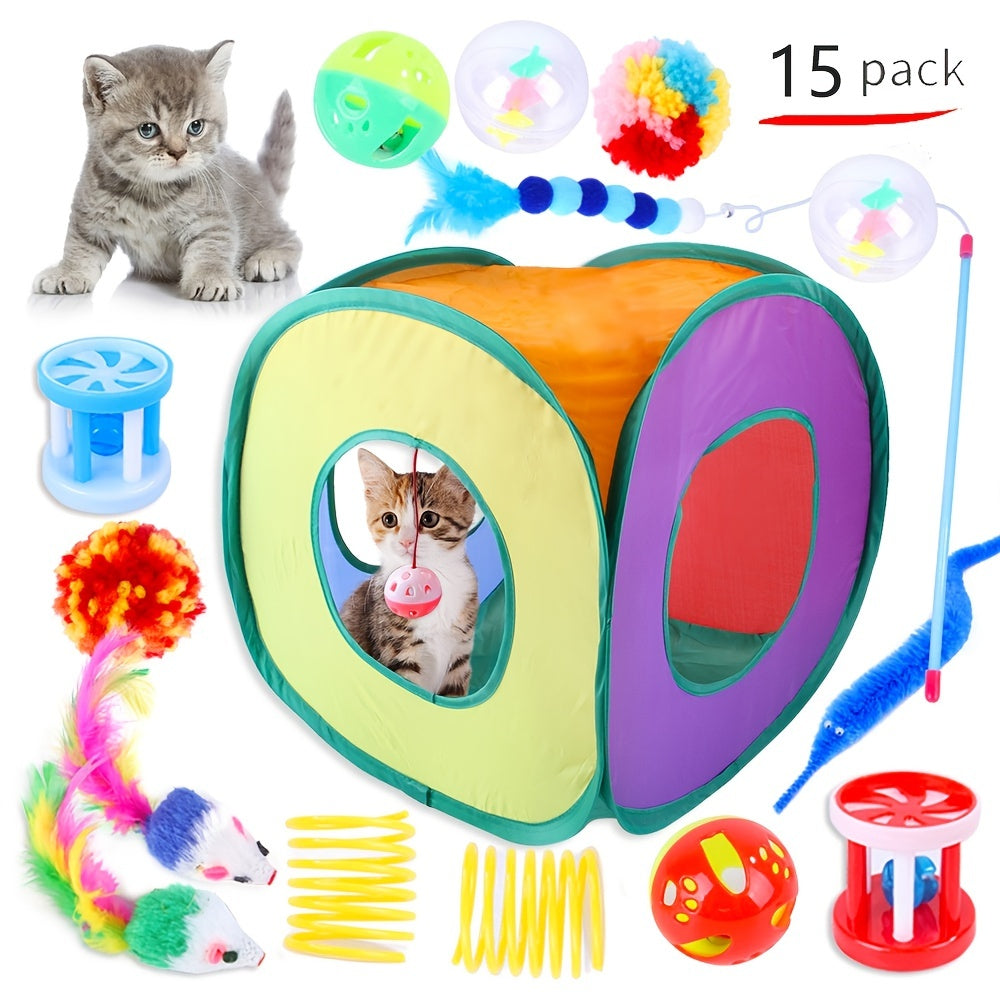 Pack Tunnel de Jeu Pliable Arc-en-Ciel pour Chat avec Jouets