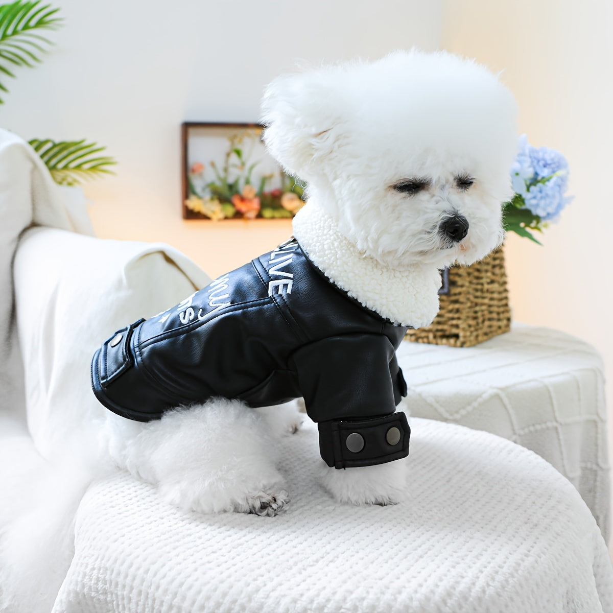 Veste Noire en Simili Cuir pour Chiens et Chats – Look Motard avec Doublure Mouton