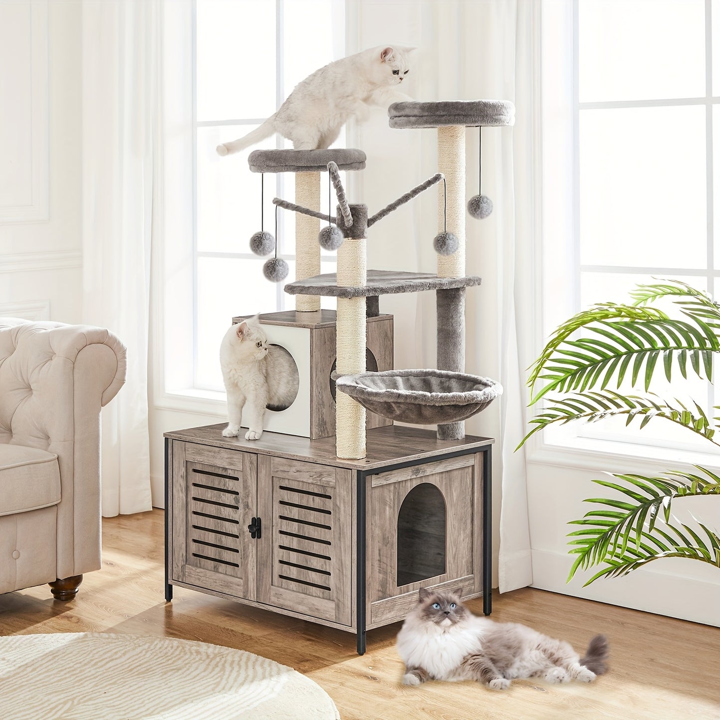Arbre à Chat Tout-en-Un avec Meuble Litière Intégré – Marron Vintage & Gris