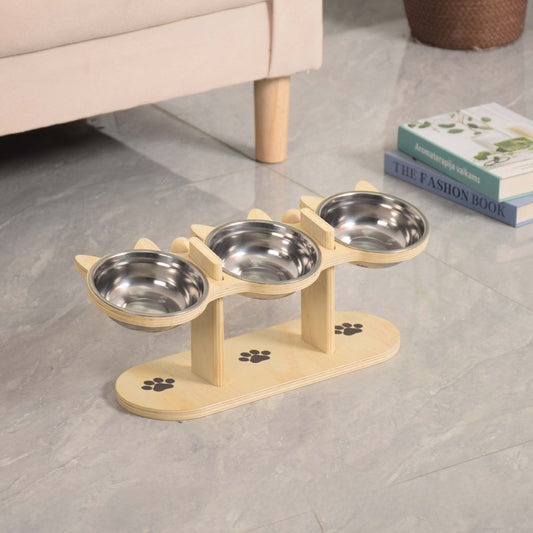 Station d’Alimentation Élevée Triple pour Chats – Bois & Inox