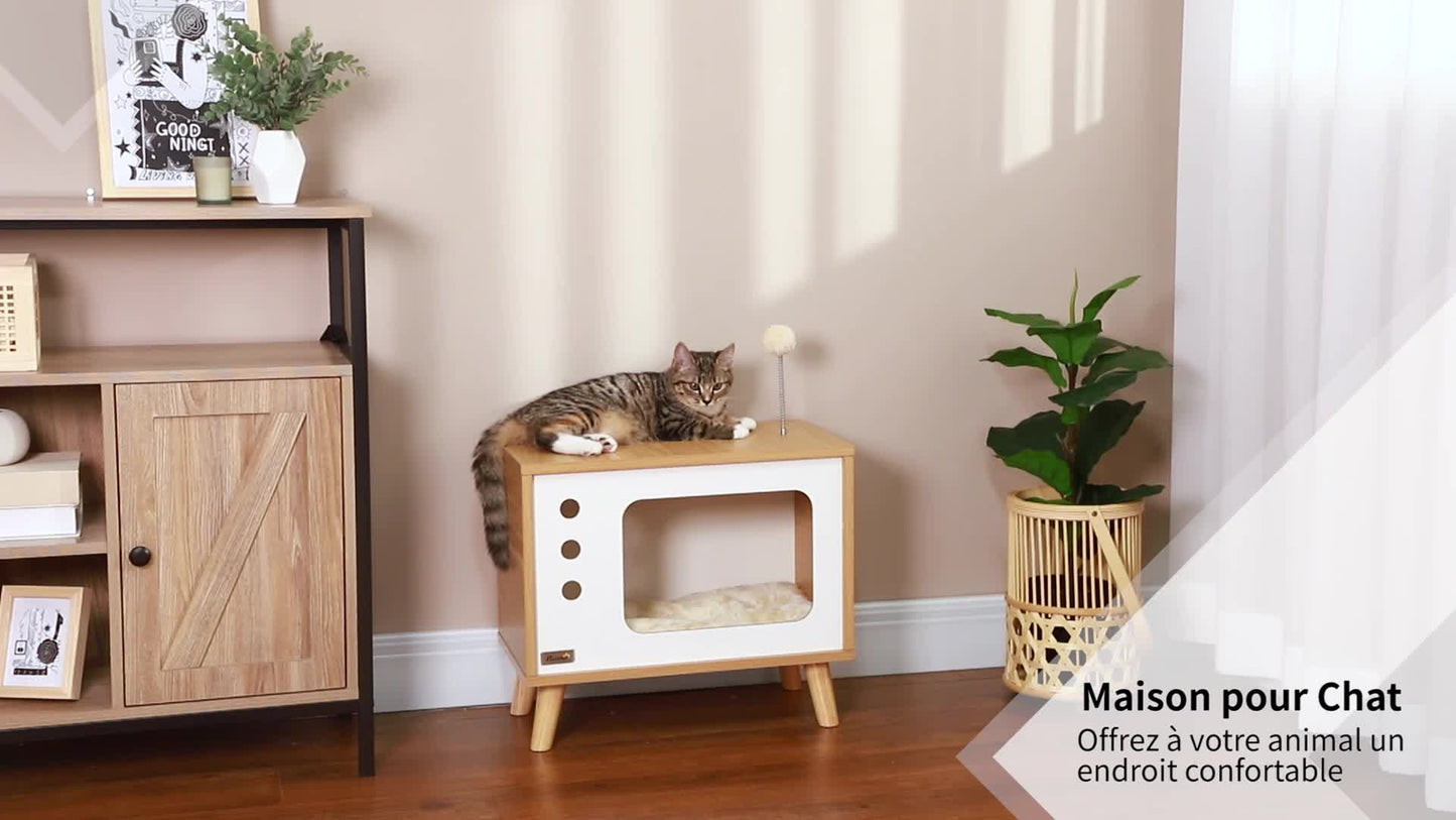 Maison pour Chat Forme TV avec Coussin Douillet et Balle Suspendue