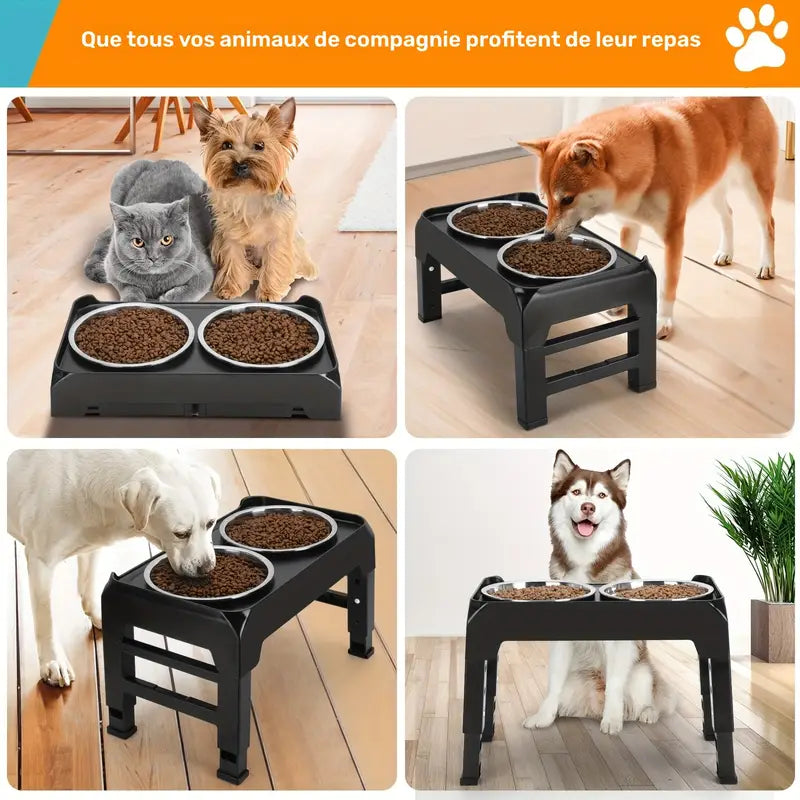 Gamelle surélevée ajustable avec double bol inox pour chien