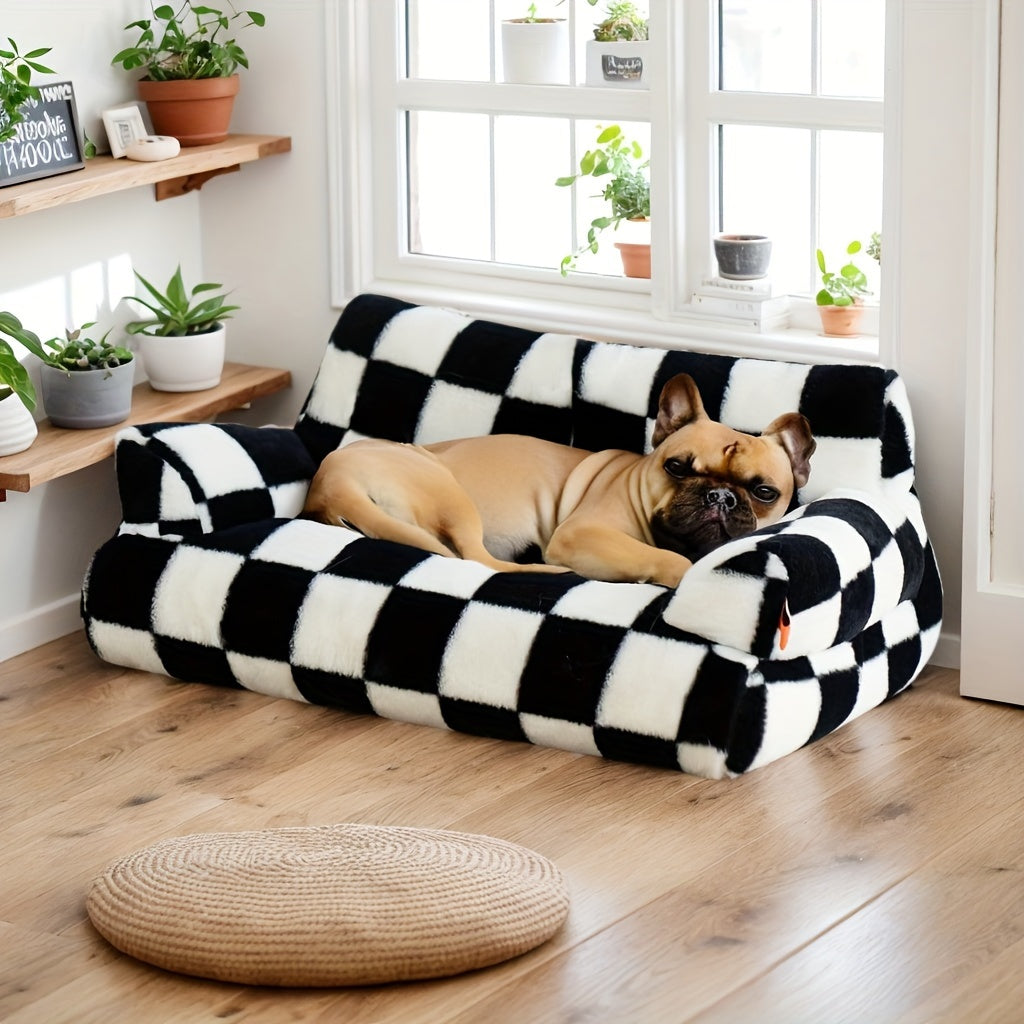 Canapé en peluche à carreaux pour chien et chat